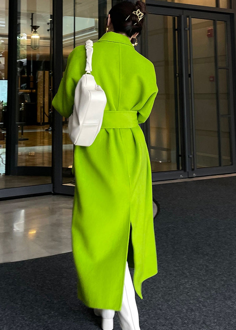 Bright Green Belted Wool Wrap Long Coat