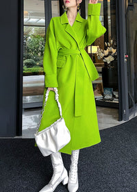 Bright Green Belted Wool Wrap Long Coat