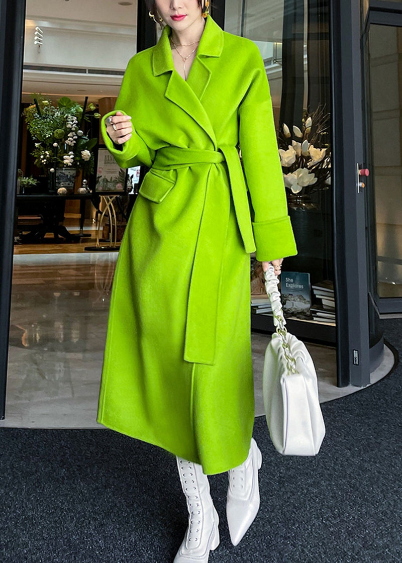 Bright Green Belted Wool Wrap Long Coat