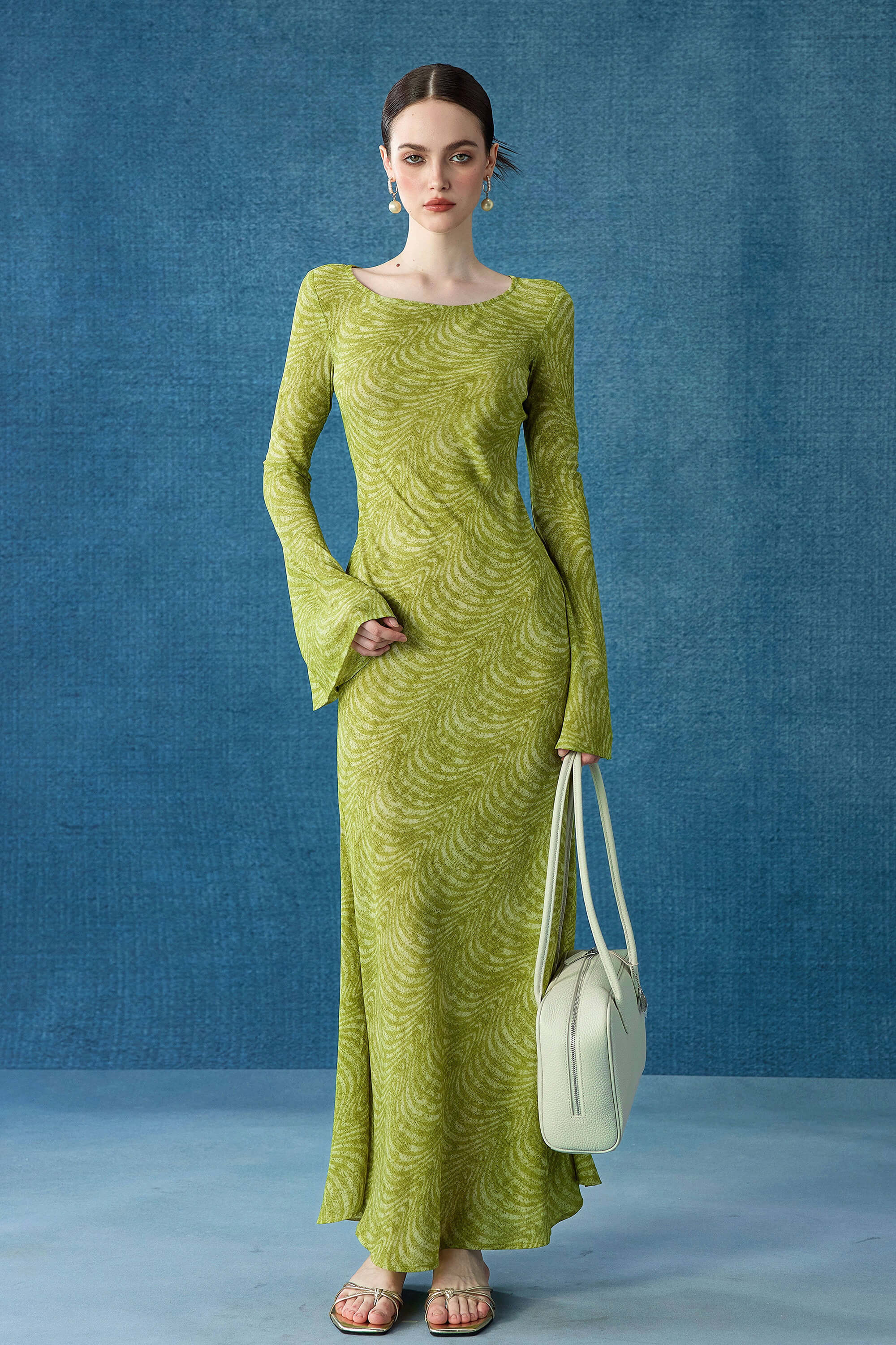 Light Green Swirl Print Long Sleeve Flared Cuff Maxi Dress Light Green / XS