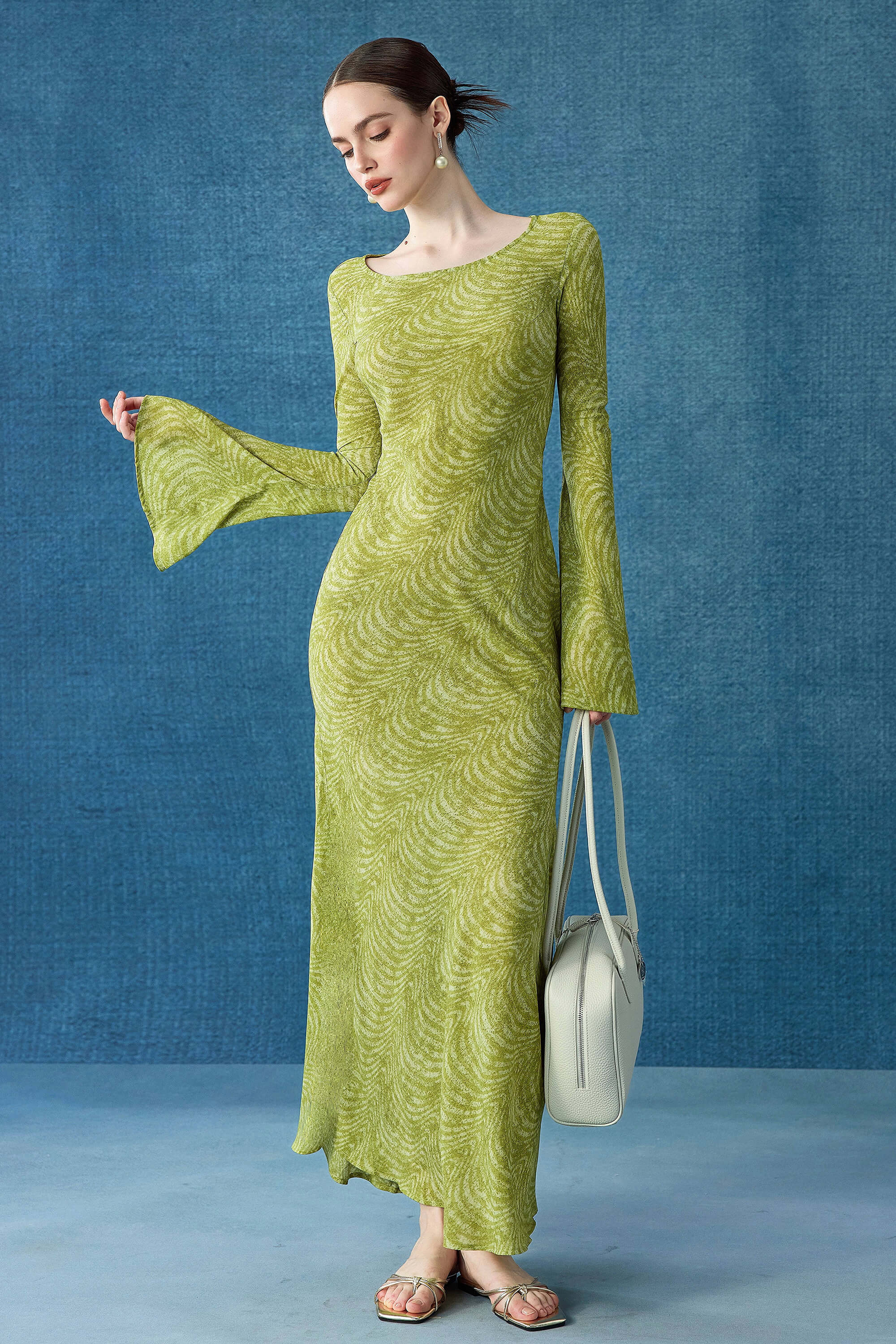Light Green Swirl Print Long Sleeve Flared Cuff Maxi Dress Light Green / XS