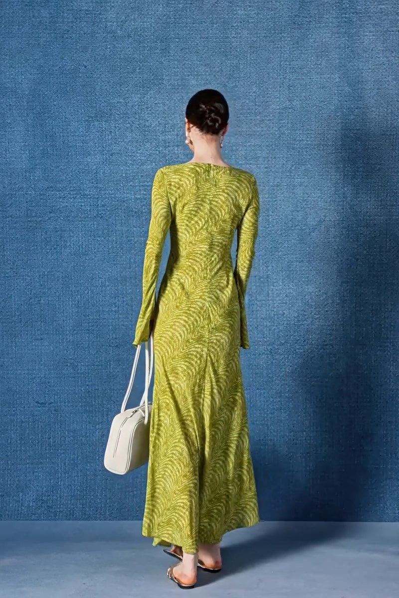 Light Green Swirl Print Long Sleeve Flared Cuff Maxi Dress Light Green / XS
