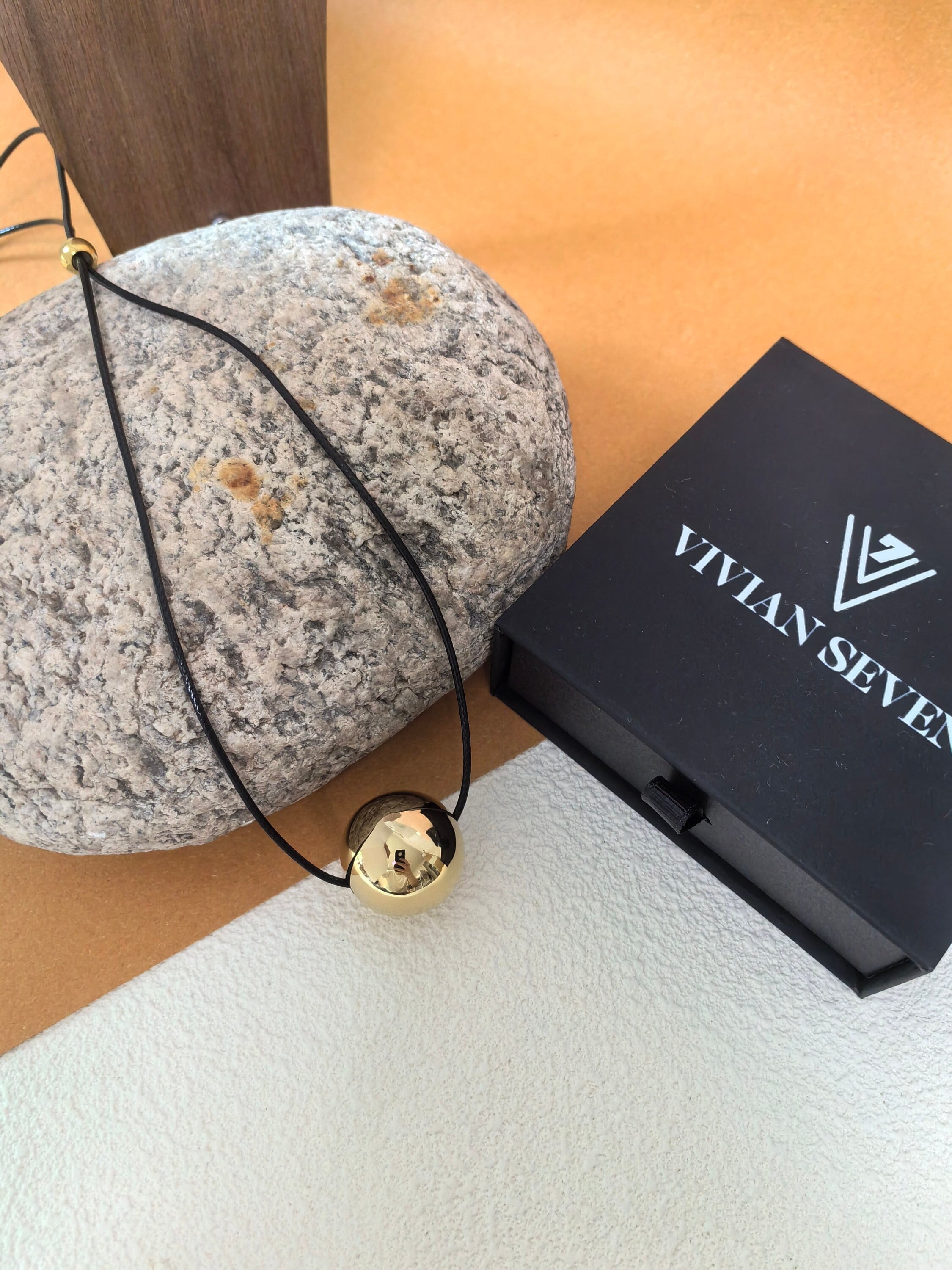Minimalist Black Rope Gold Ball Pendant Leather Cord Necklace