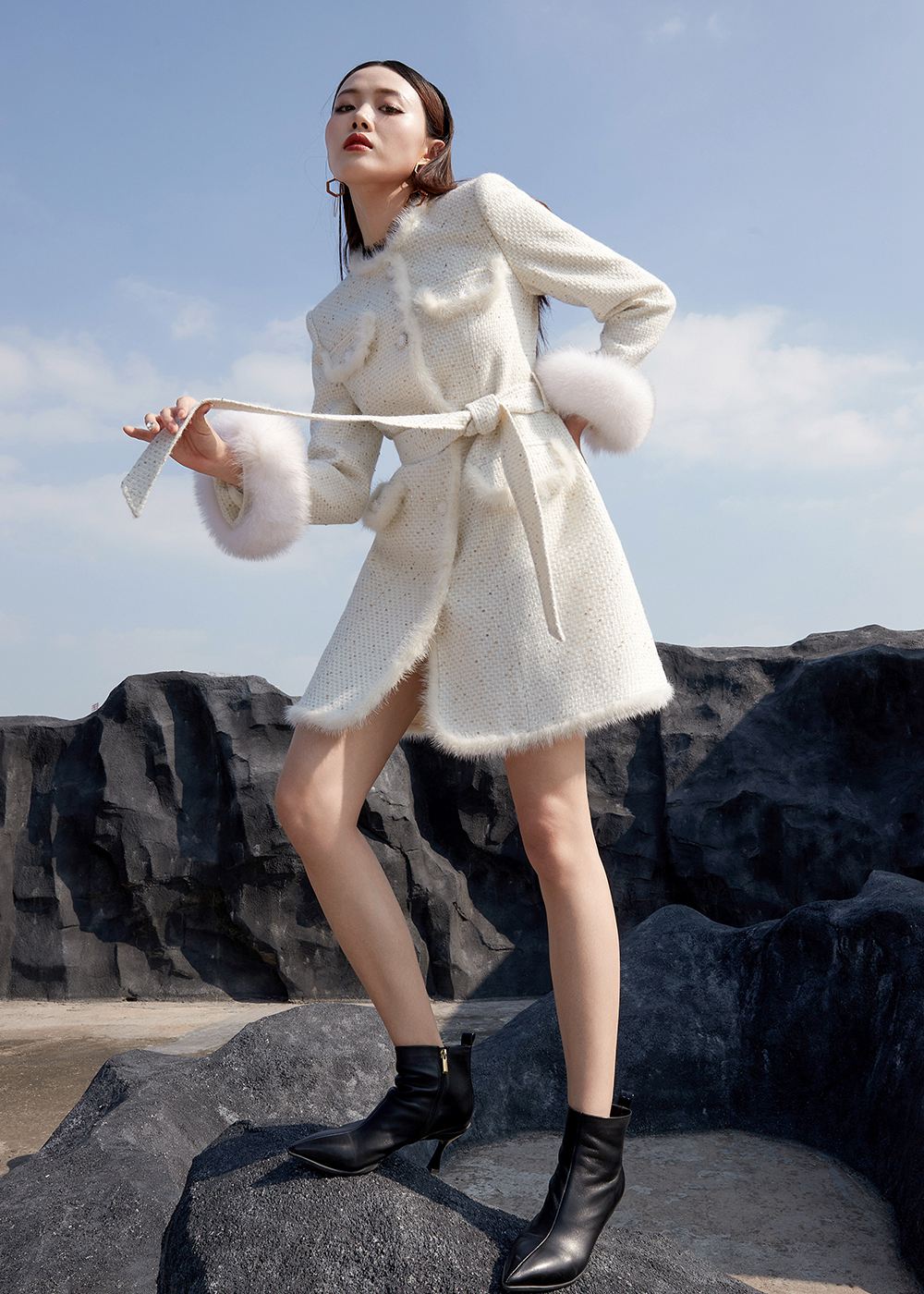 Mink Fur Trim Fox Fur Cuff Belted Wool Blend Tweed Coat – Vivian Seven