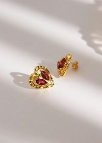 Women's Jewelry Natural Red Stone 18K Gold Plate Heart Stud Earrings