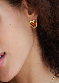 Women's Jewelry Natural Red Stone 18K Gold Plate Heart Stud Earrings