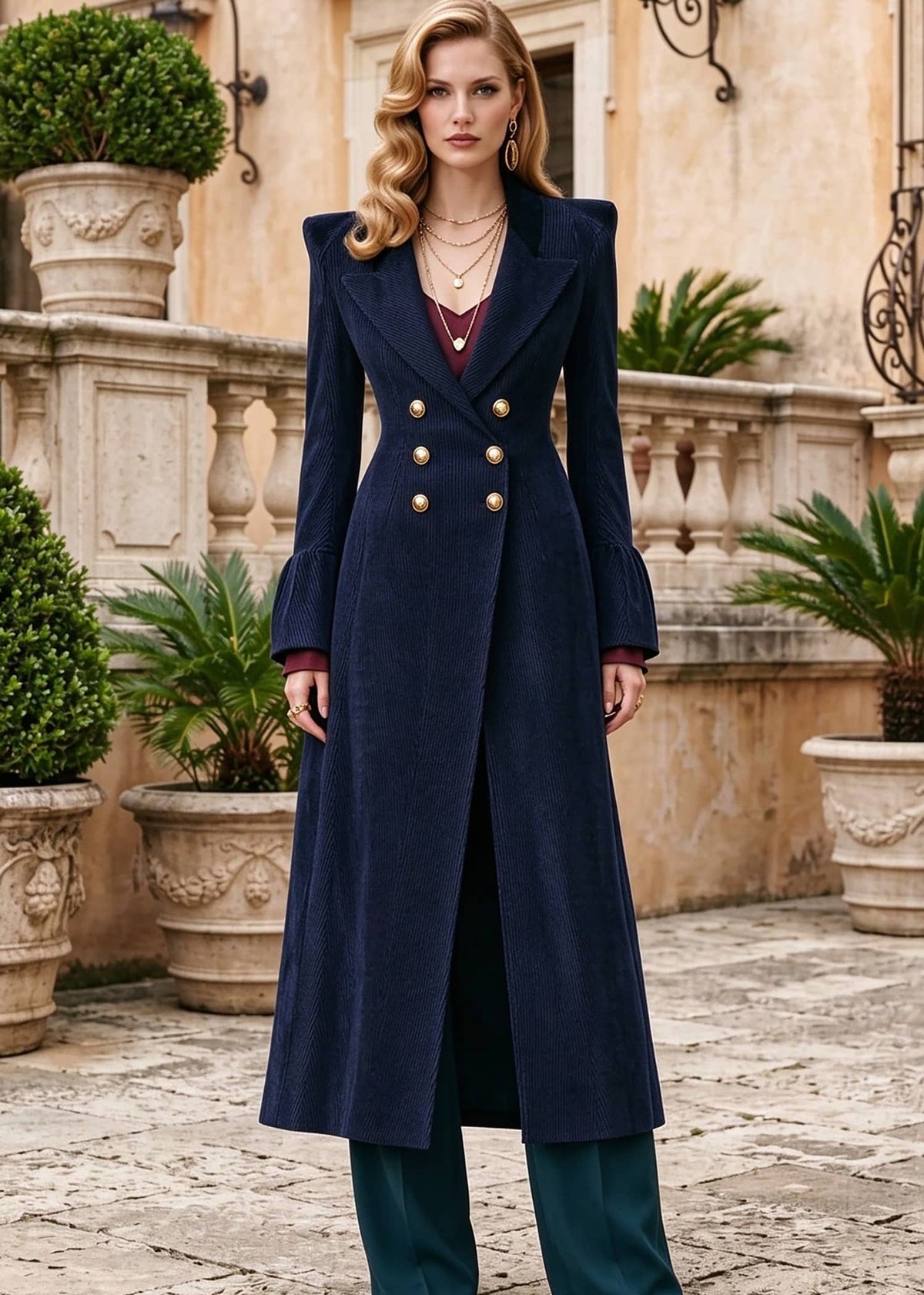 Full length studio-style shot of woman standing in navy blue double-breasted corduroy coat with gold buttons