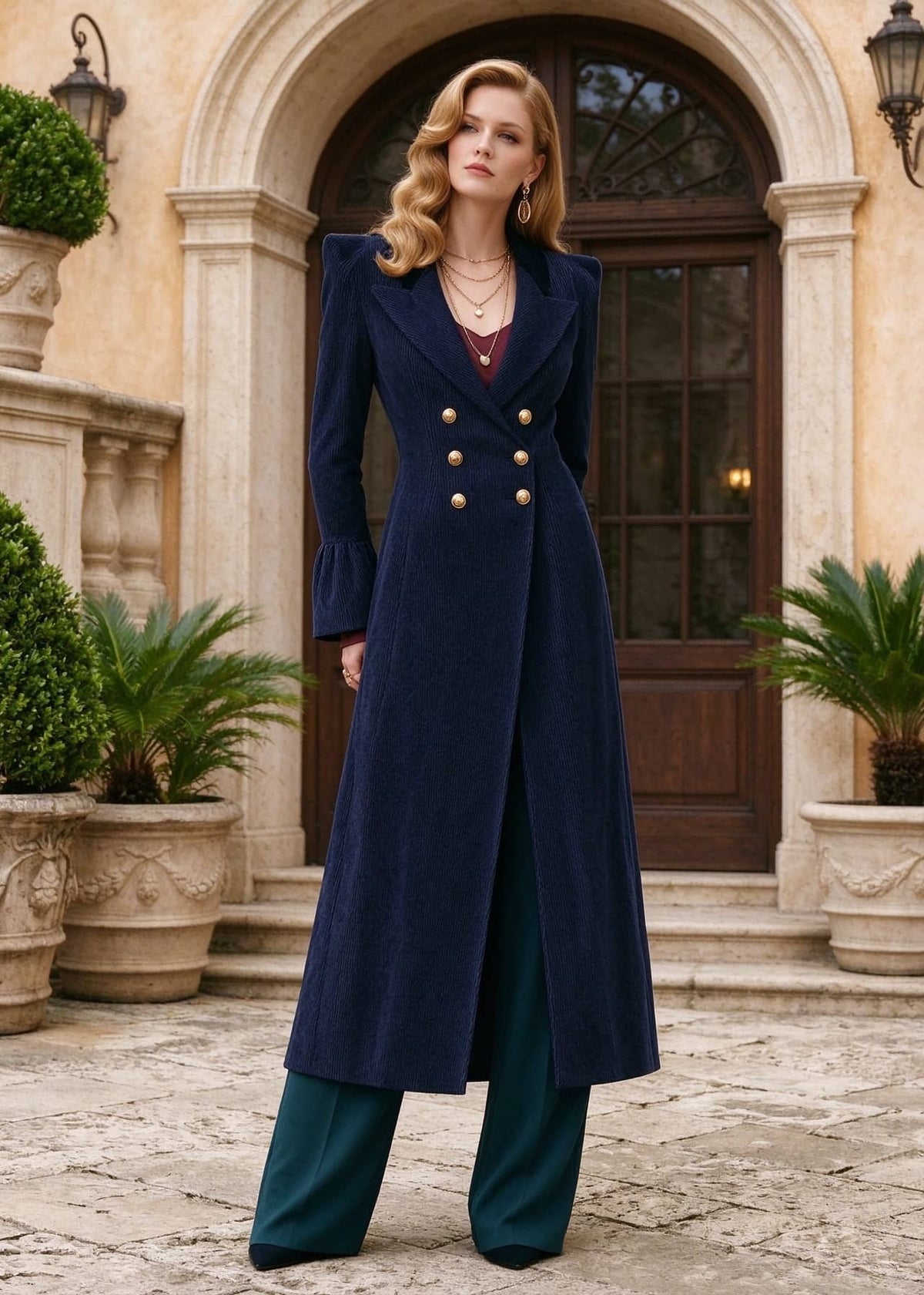 Full length portrait of woman standing in navy blue double-breasted corduroy coat with flared hem in front of archway