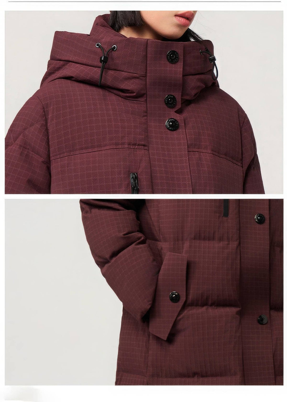 A close-up of a dark burgundy puffer coat with a subtle grid pattern, featuring a high collar, black snap buttons, and a zippered pocket, shown in a two-panel layout.
