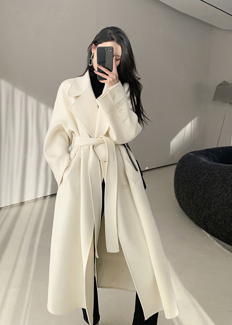 Women Double Faced Wool Long Coat,Handmade Coat,White Long Wool Coat,O