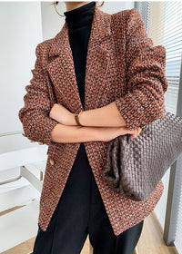 Women's Orange Plaid Tweed Double Breasted Blazer