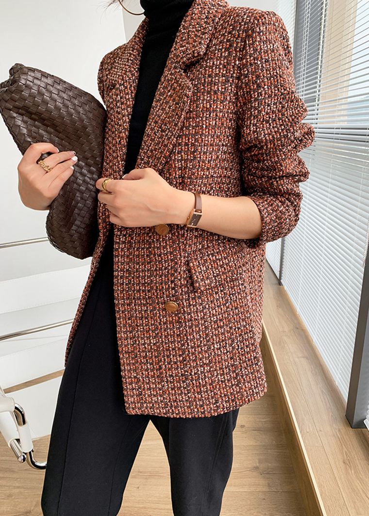 Women's Orange Plaid Tweed Double Breasted Blazer