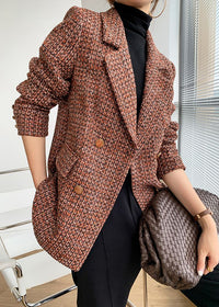 Women's Orange Plaid Tweed Double Breasted Blazer