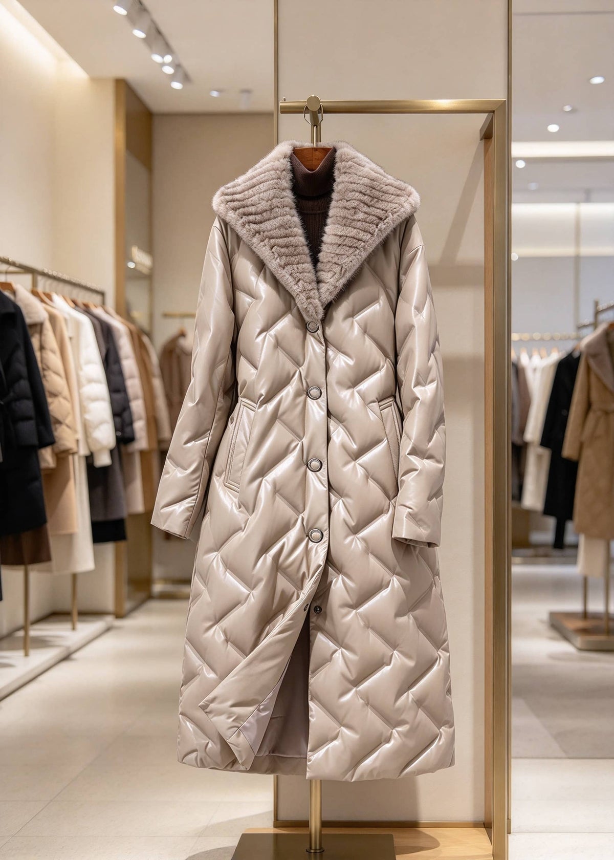 Taupe beige quilted genuine sheepskin leather long down coat with plush mink fur shawl collar displayed on hanger in boutique showroom