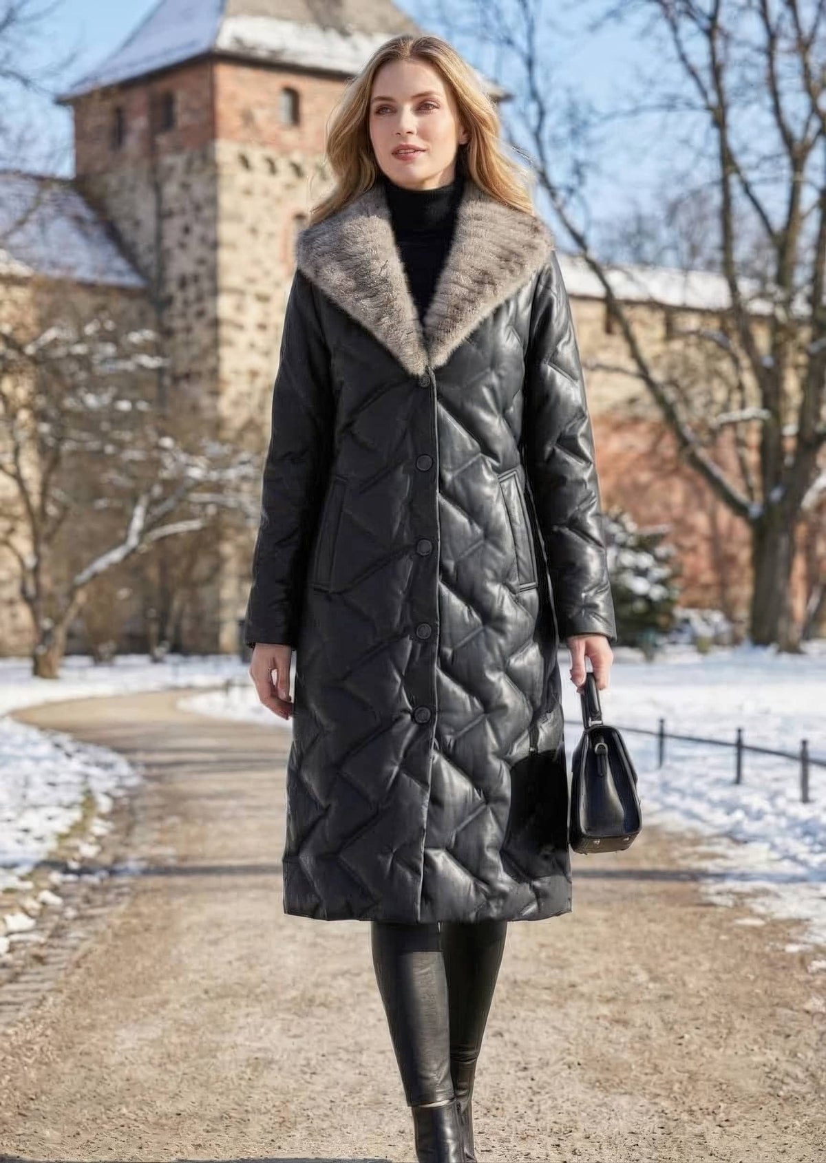 Full length front view of woman walking in black quilted genuine sheepskin leather down coat with plush mink fur collar outdoors