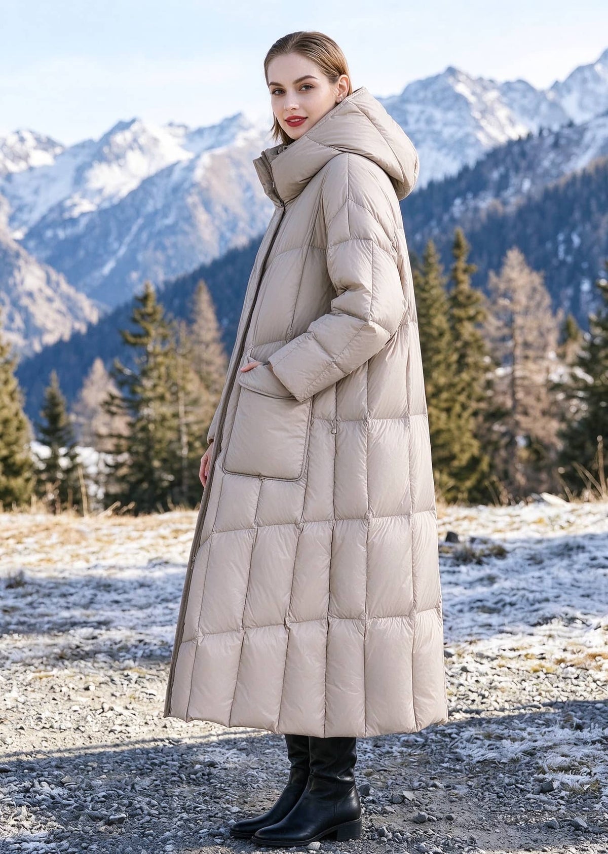 Side profile view of woman wearing beige longline down parka with flap pockets against snow mountain background