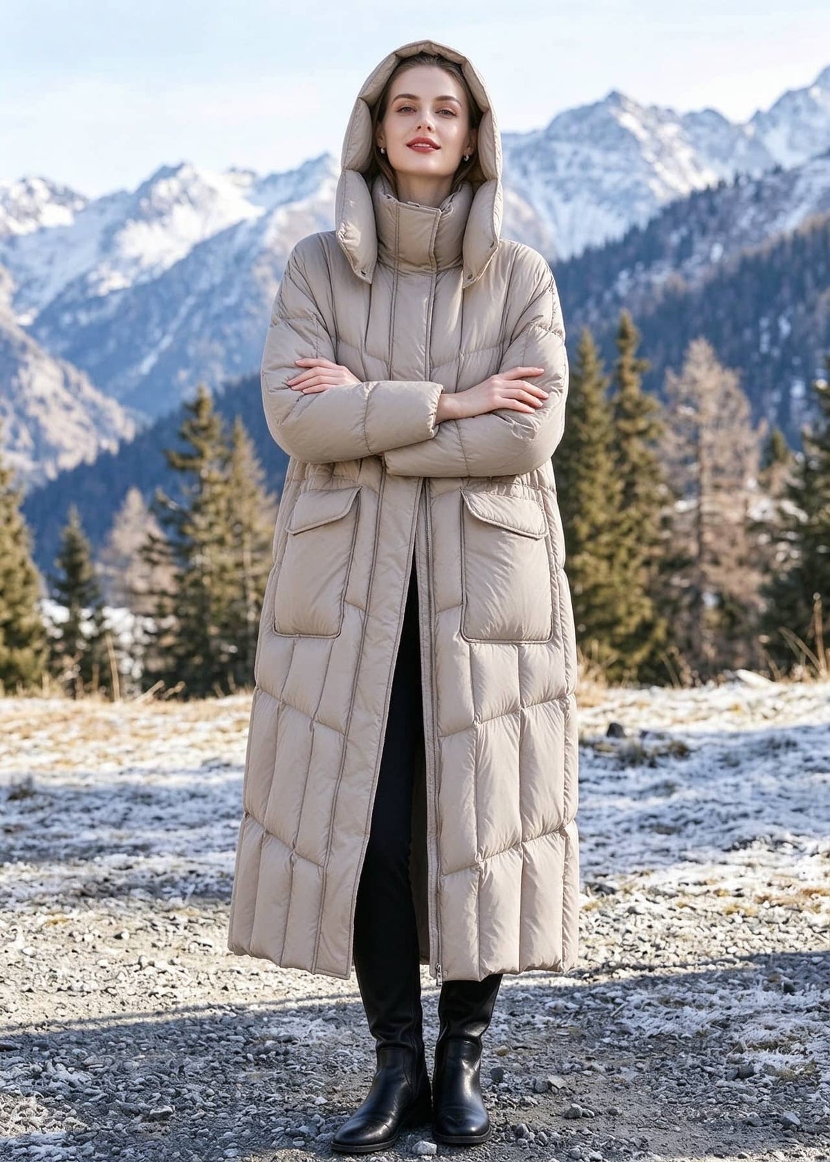 Front view of woman with arms crossed wearing beige longline hooded down parka with flap pockets