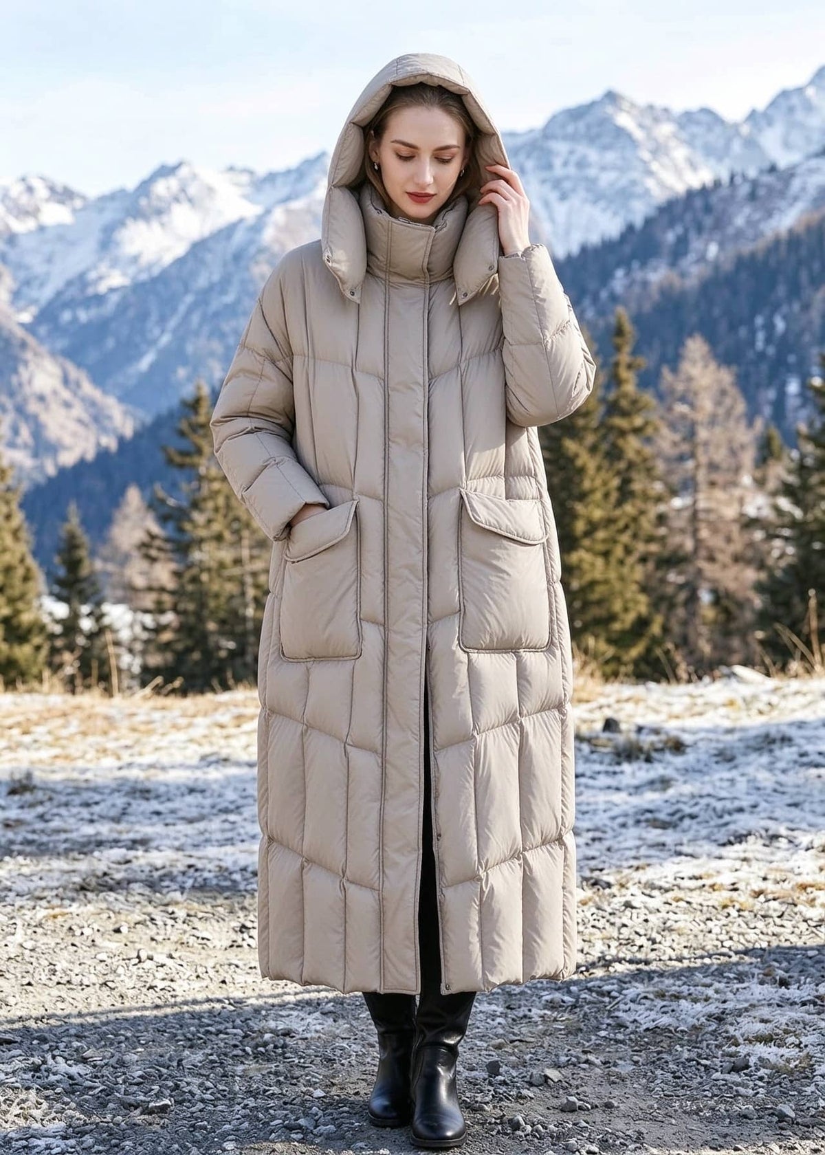 Front view of woman wearing beige hooded longline down parka coat outdoors