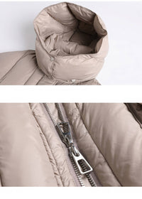 Close-up detail of beige removable hood snap collar and double zipper closure on down parka