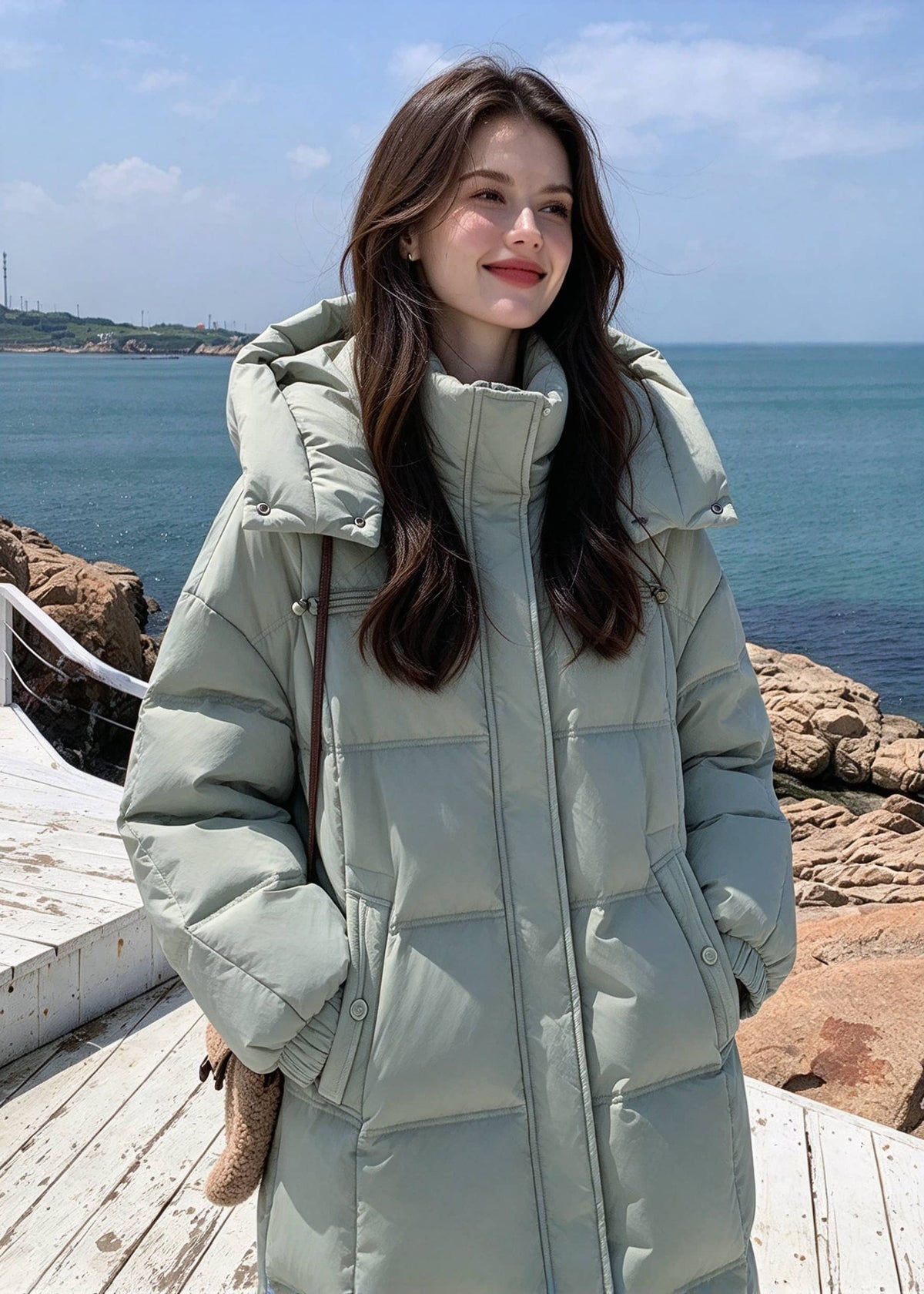 Three-quarter front view of woman wearing sage green high stand collar goose down puffer long coat outdoors