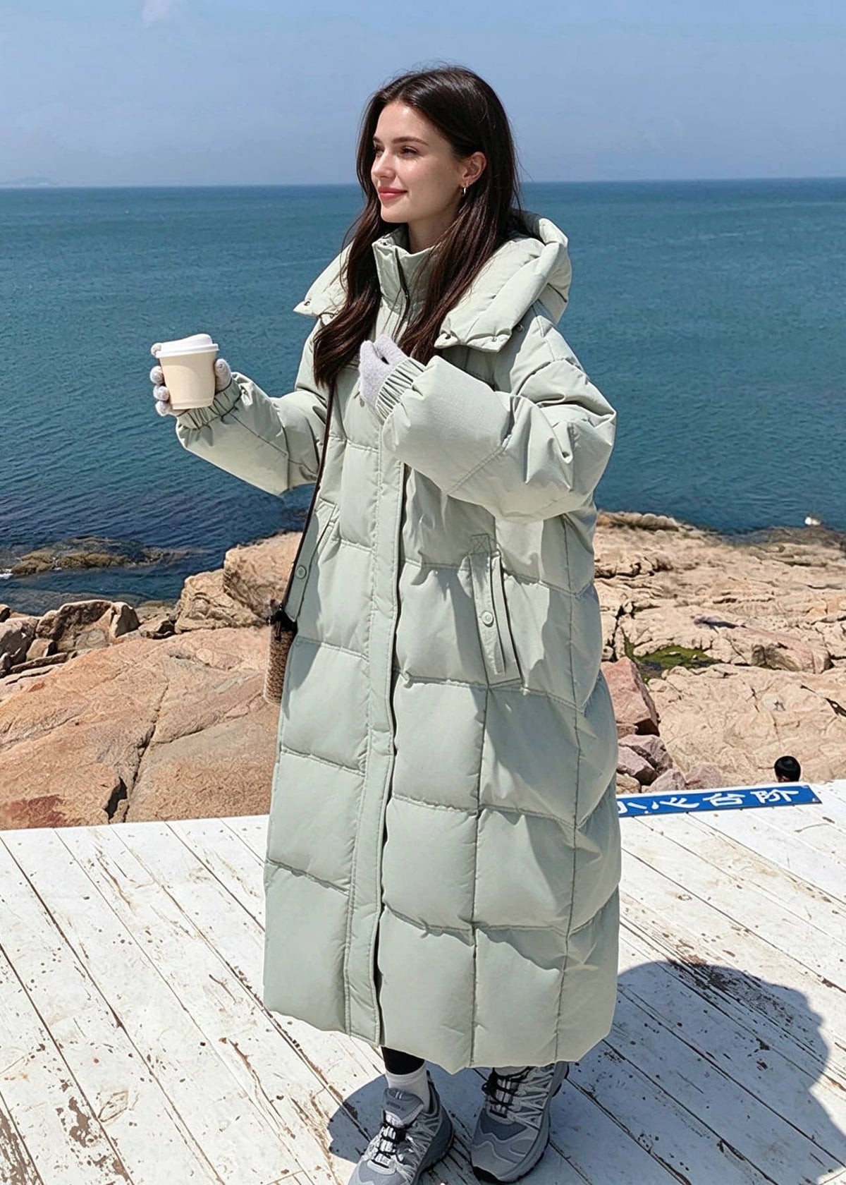 Full length side view of woman holding coffee cup wearing sage green high collar down puffer long coat