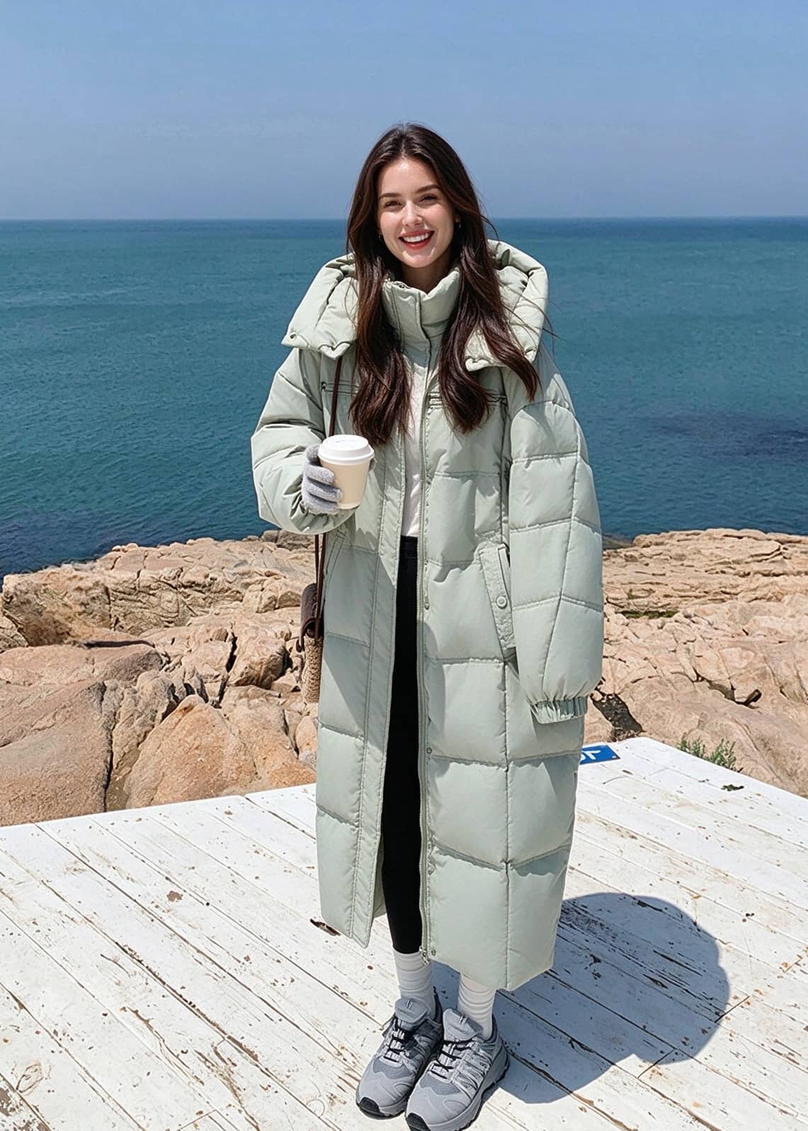 Full length front view of smiling woman holding coffee wearing sage green long goose down puffer coat