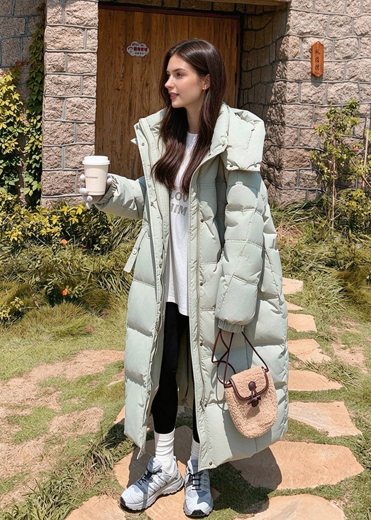 Full length outdoor portrait of woman wearing open sage green high stand collar long down puffer coat