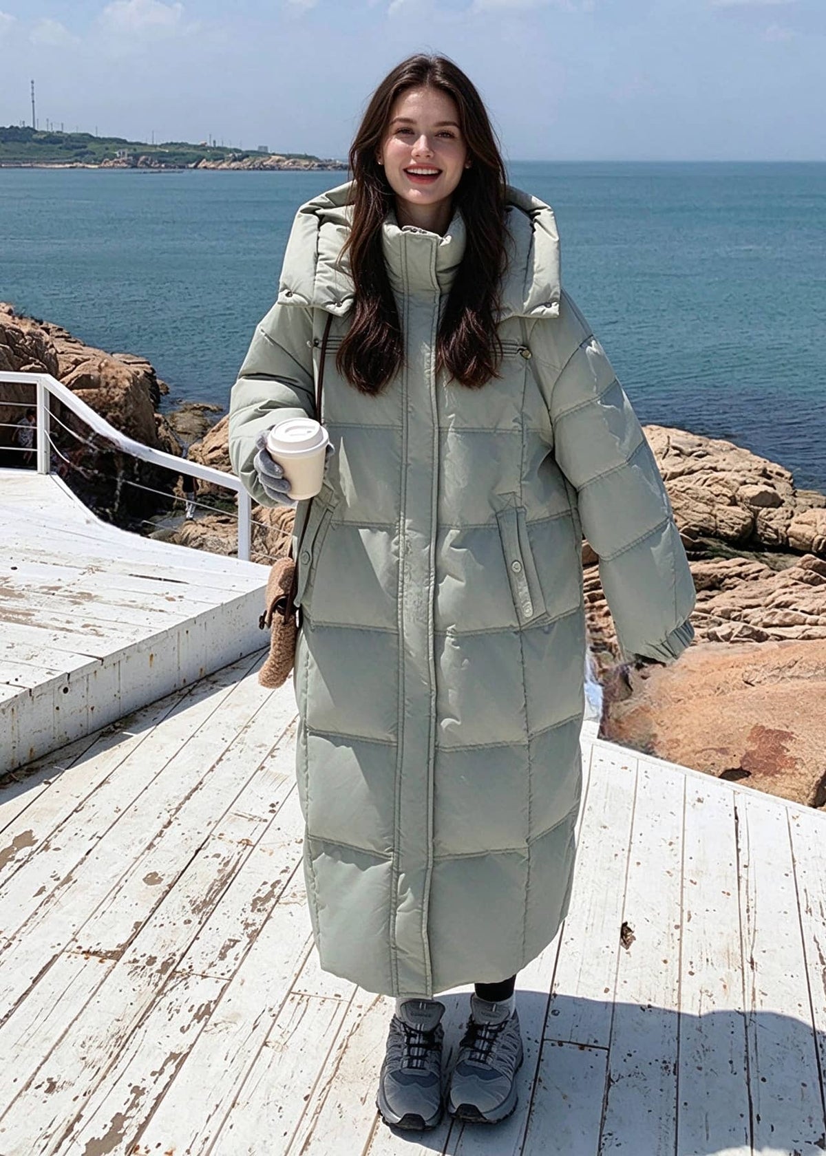 Full length front view of woman holding coffee cup wearing sage green hooded goose down long coat