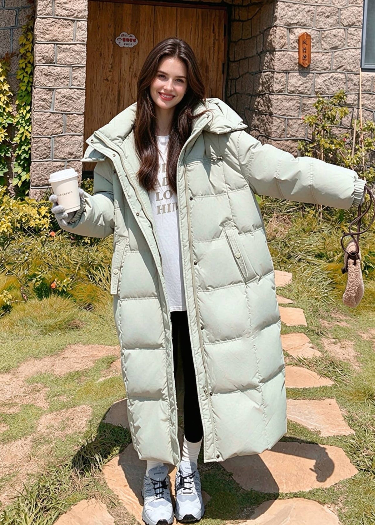 Full length playful pose of woman wearing open sage green high collar goose down puffer long coat