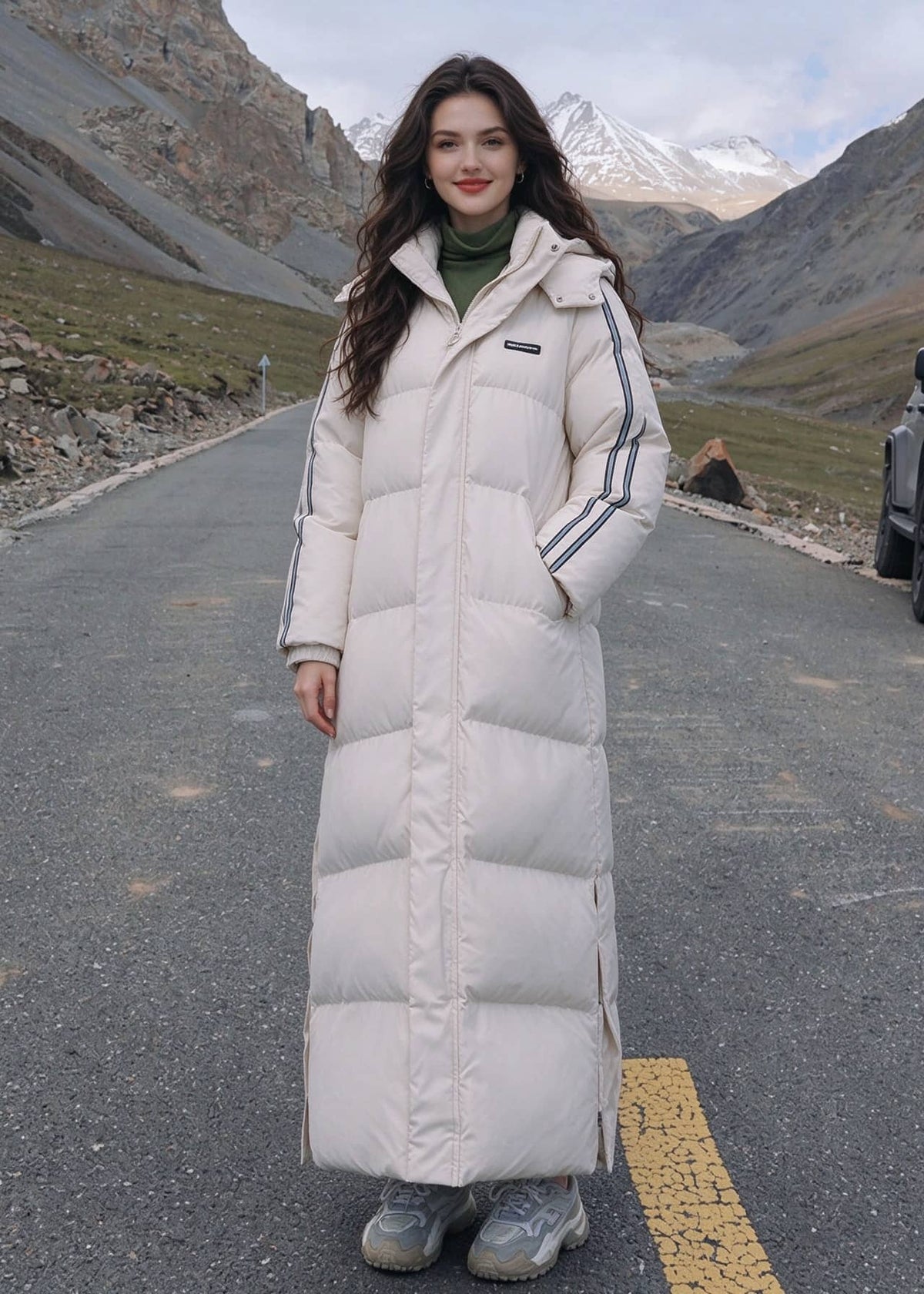 Full length front view of smiling woman wearing off-white longline puffer coat with side stripes on scenic mountain road