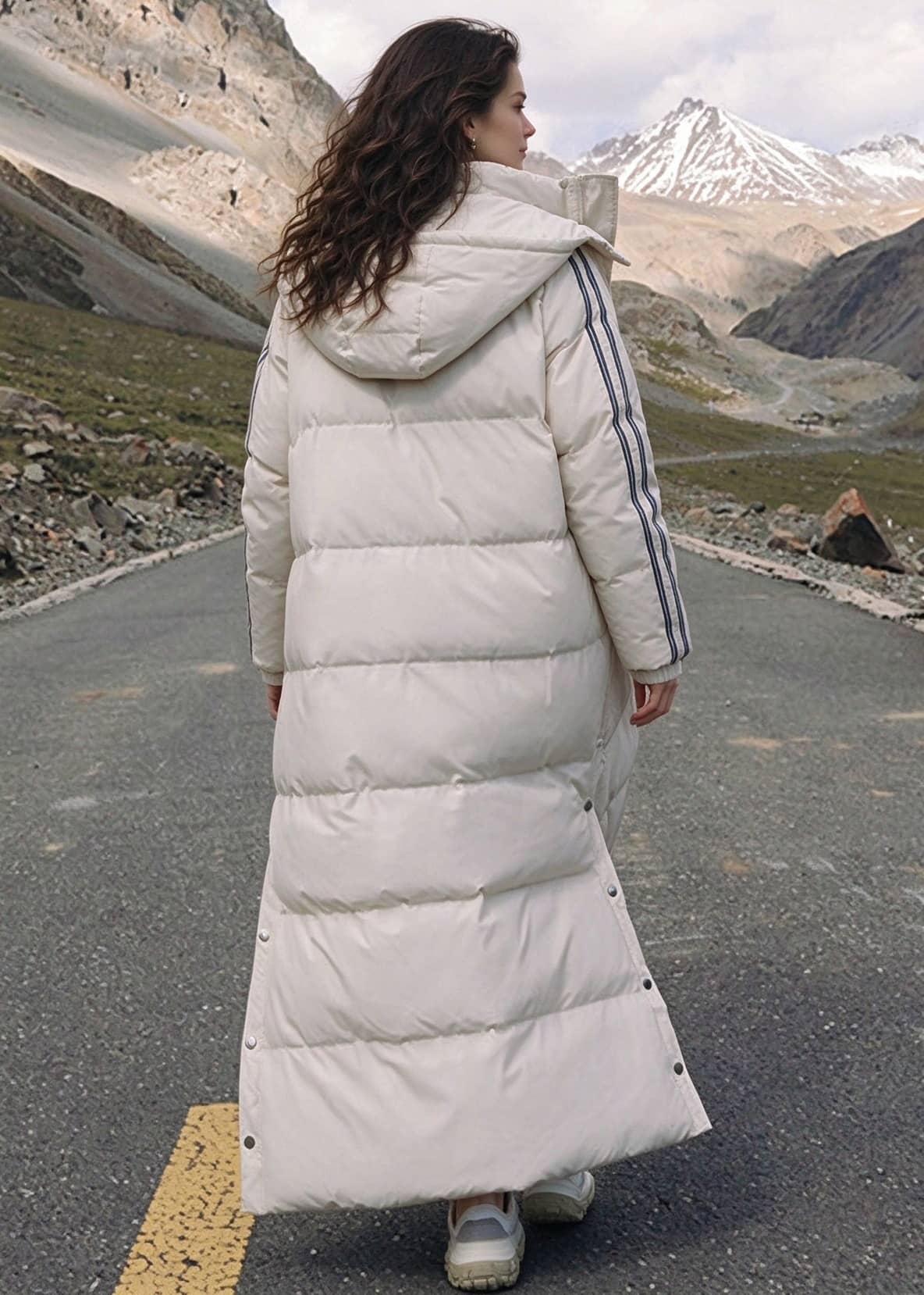 Full length back view of woman walking in off-white side-stripe longline puffer coat with hood outdoors