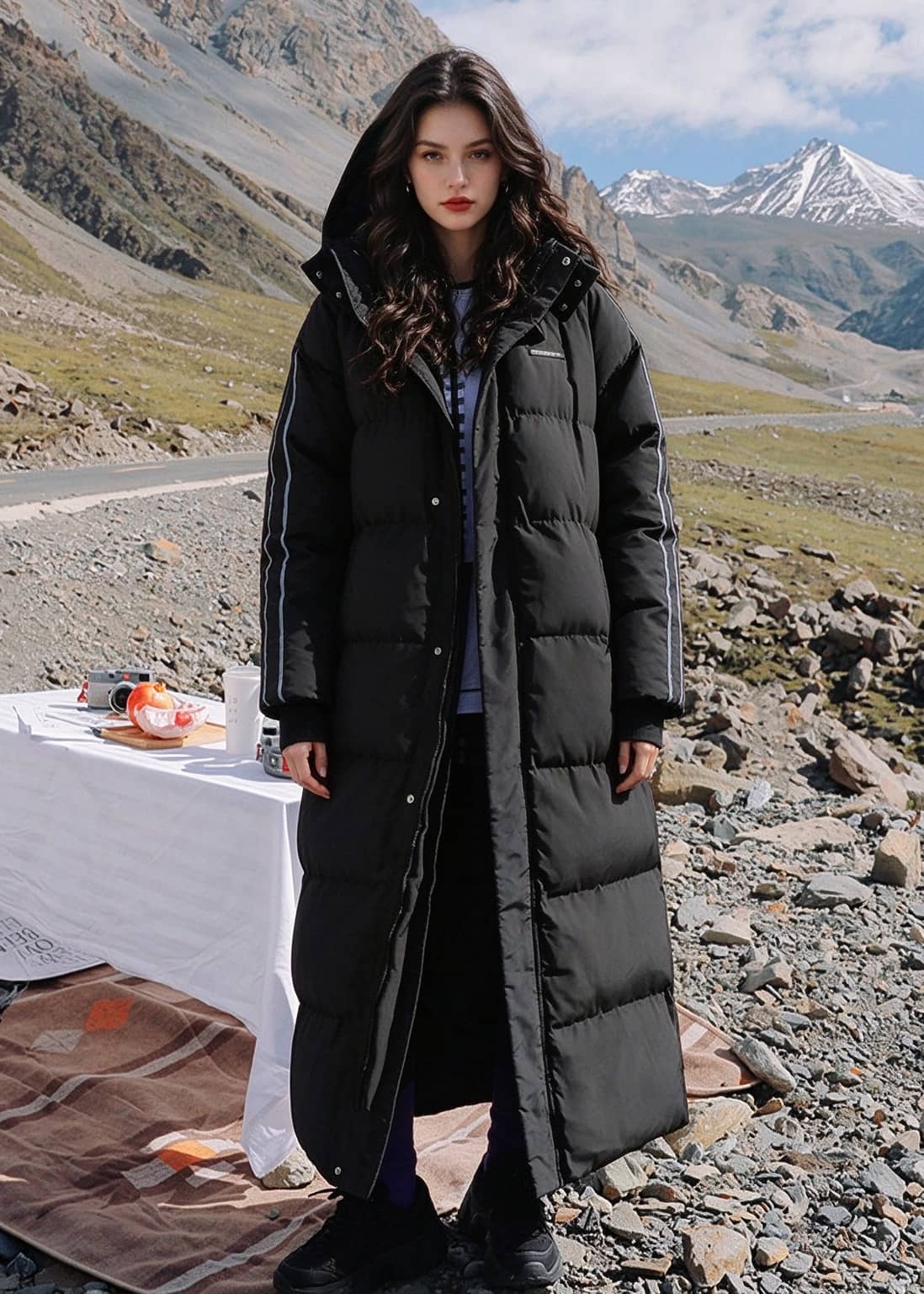 Full length front view of woman wearing black side-stripe longline puffer coat with detachable hood in mountainous area