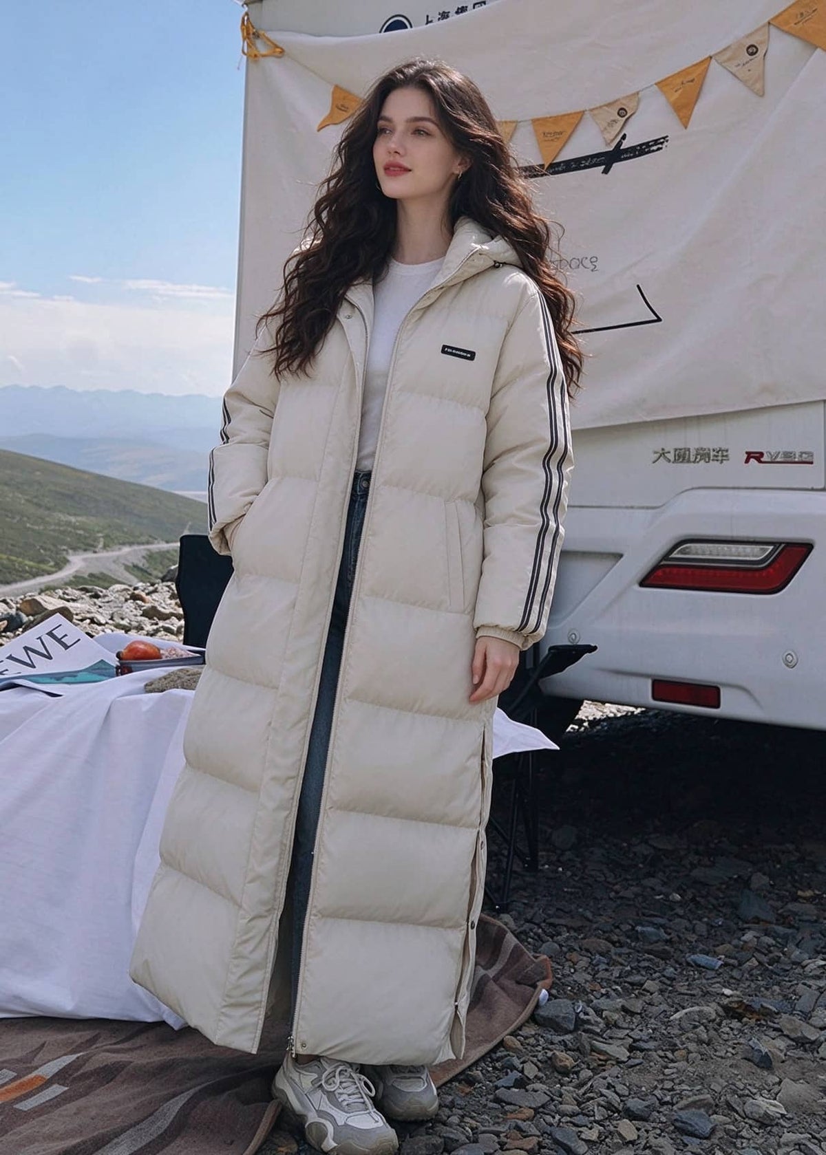 Three-quarter front view of woman wearing unzipped off-white side-stripe longline puffer coat outdoors