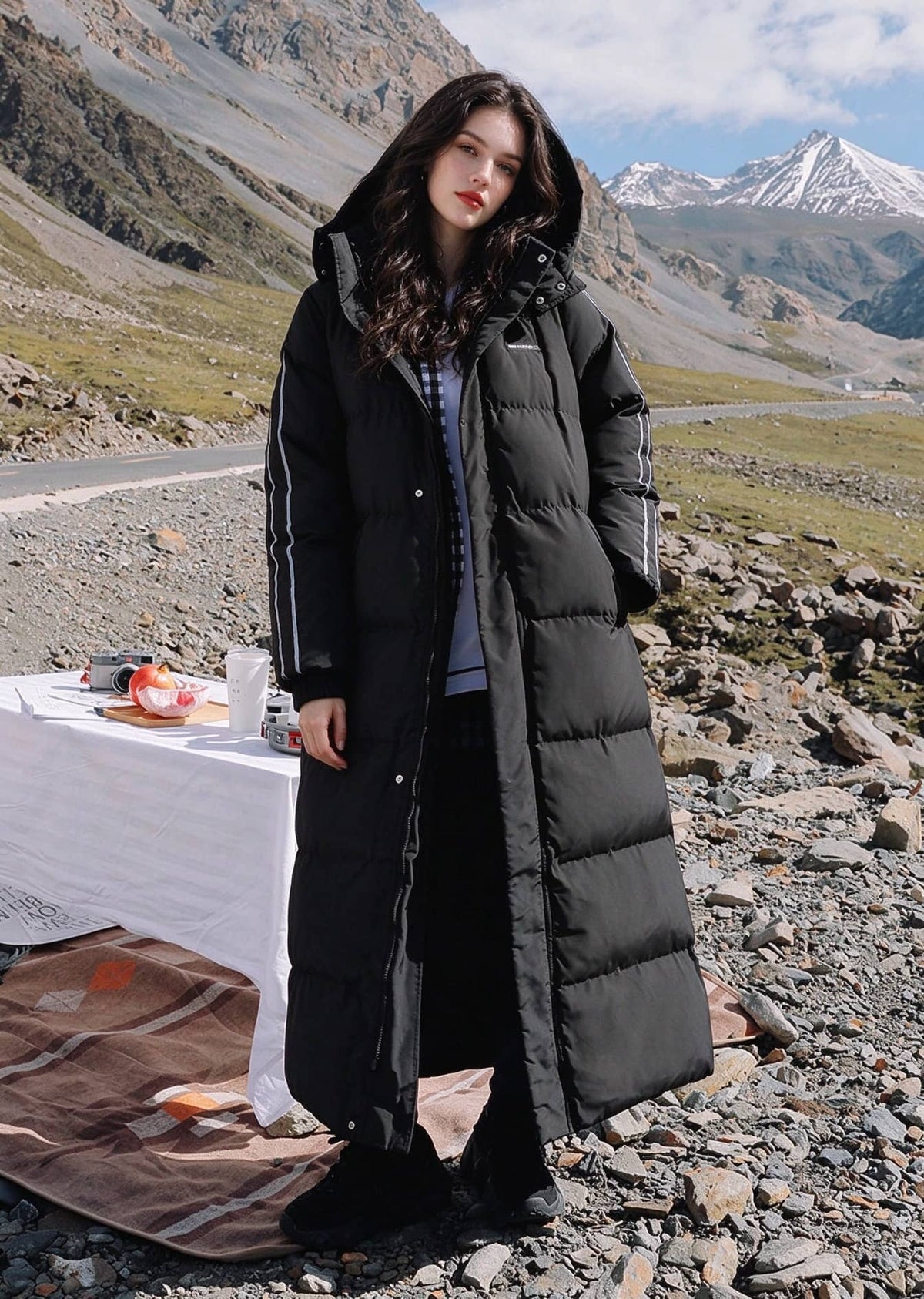 Full length front portrait of woman wearing black side-stripe longline puffer coat with hood against mountain backdrop