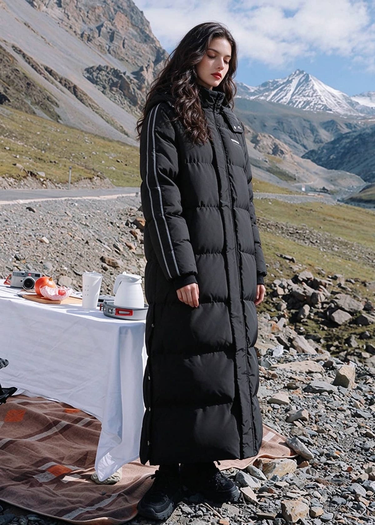 Full length front side view of woman wearing black side-stripe longline puffer coat near outdoor camp setup