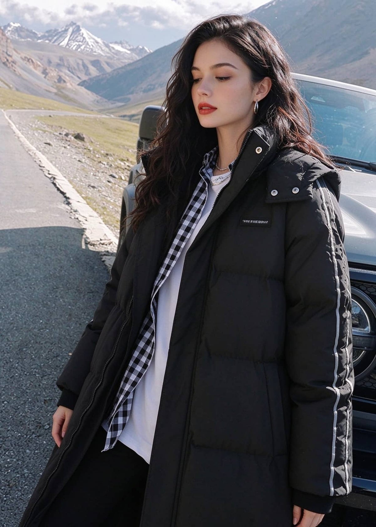 Close-up portrait of woman wearing black side-stripe longline puffer coat with unzipped collar outdoors