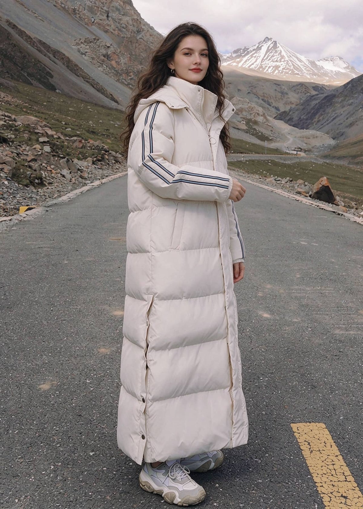 Full length side profile view of woman wearing off-white side-stripe longline puffer coat on mountain road