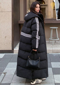 Three-Stripe Longline Duck Down Maxi Puffer Coat with Detachable Hood