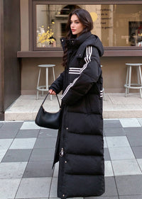 Three-Stripe Longline Duck Down Maxi Puffer Coat with Detachable Hood