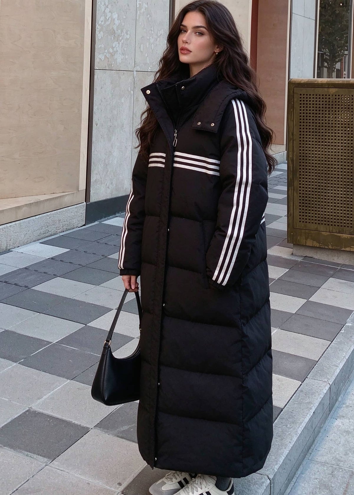 Three-Stripe Longline Duck Down Maxi Puffer Coat with Detachable Hood