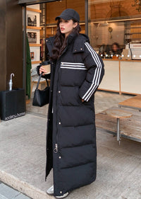 Three-Stripe Longline Duck Down Maxi Puffer Coat with Detachable Hood