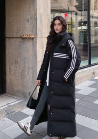 Three-Stripe Longline Duck Down Maxi Puffer Coat with Detachable Hood