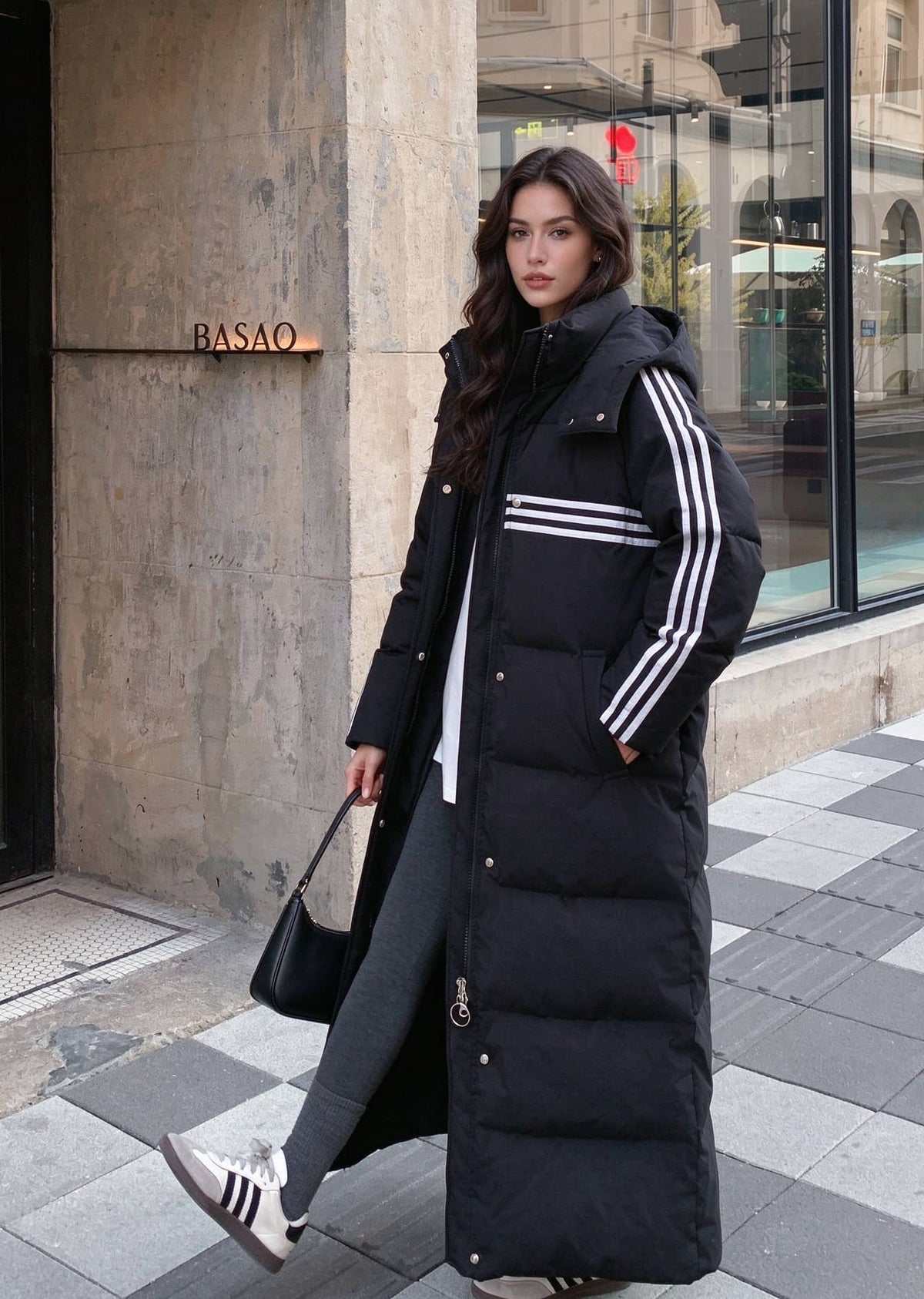 Three-Stripe Longline Duck Down Maxi Puffer Coat with Detachable Hood