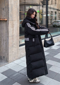 Three-Stripe Longline Duck Down Maxi Puffer Coat with Detachable Hood