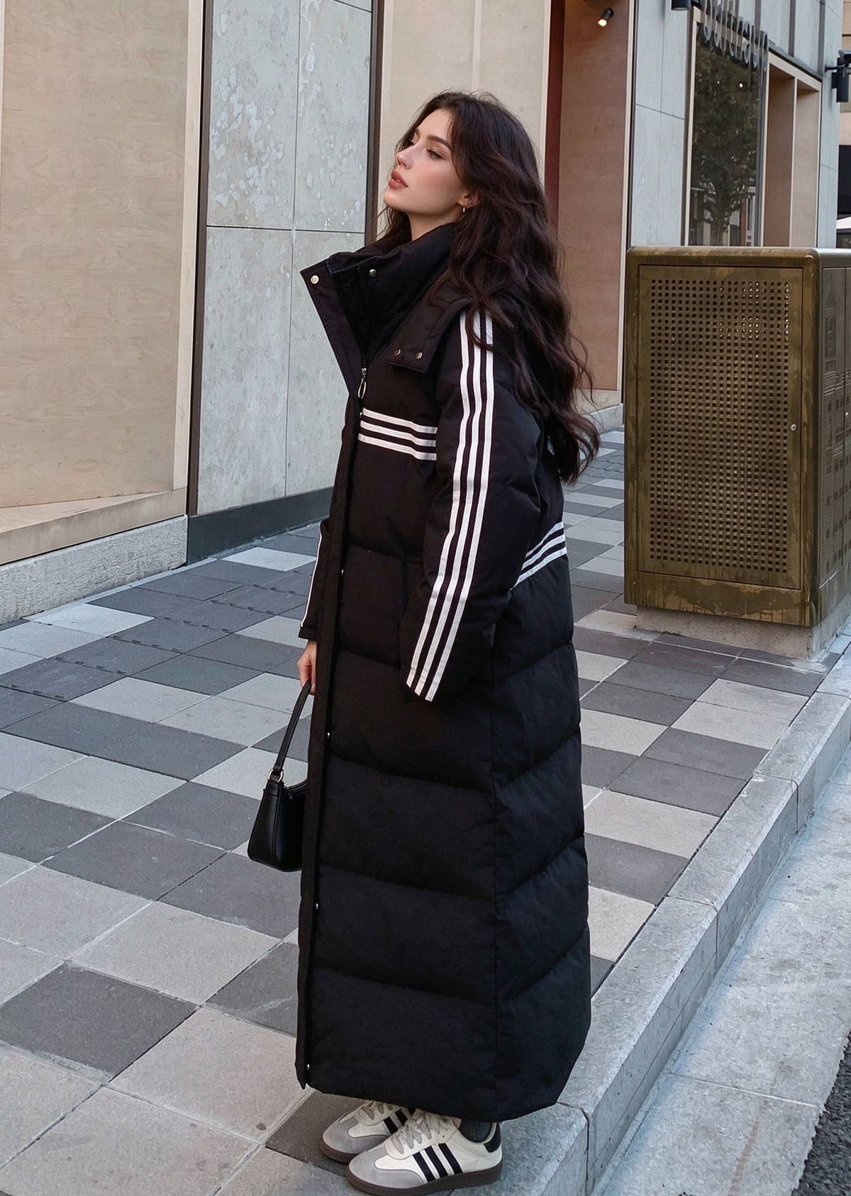 Three-Stripe Longline Duck Down Maxi Puffer Coat with Detachable Hood