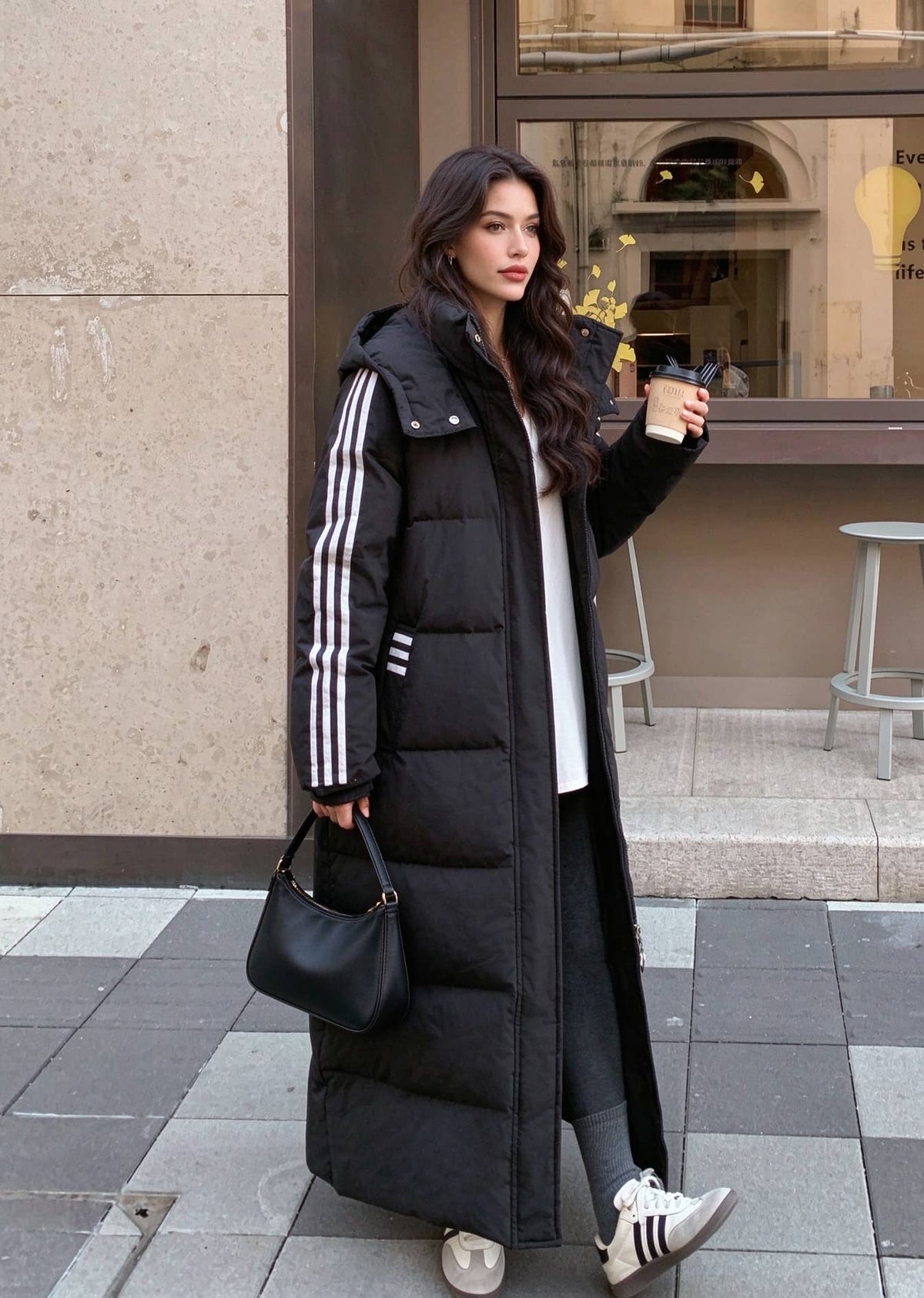 Three-Stripe Longline Duck Down Maxi Puffer Coat with Detachable Hood