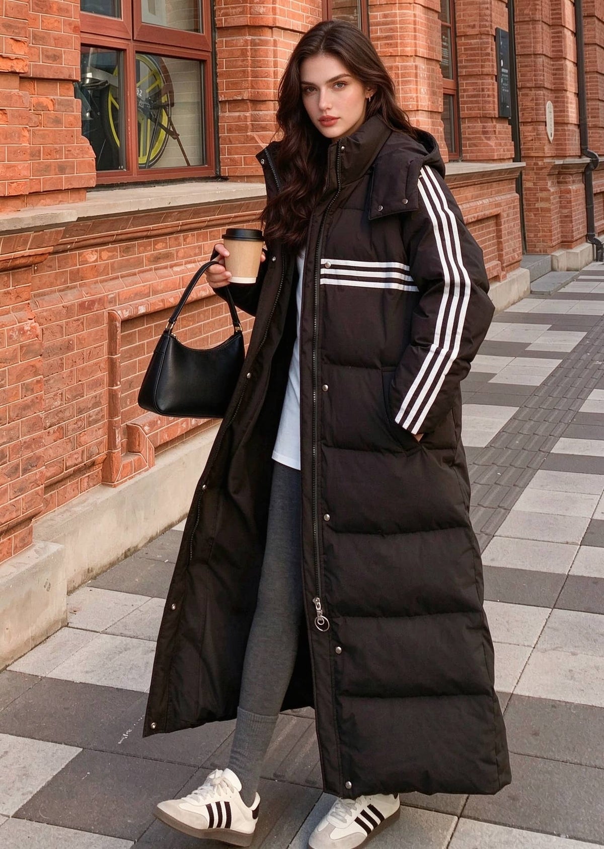 Three-Stripe Longline Duck Down Maxi Puffer Coat with Detachable Hood