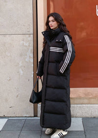 Three-Stripe Longline Duck Down Maxi Puffer Coat with Detachable Hood