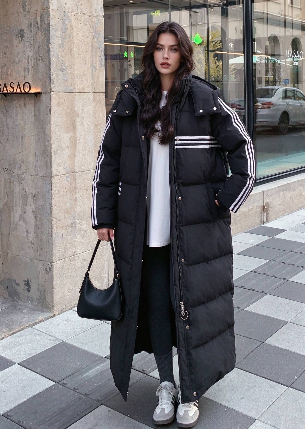 Three-Stripe Longline Duck Down Maxi Puffer Coat with Detachable Hood