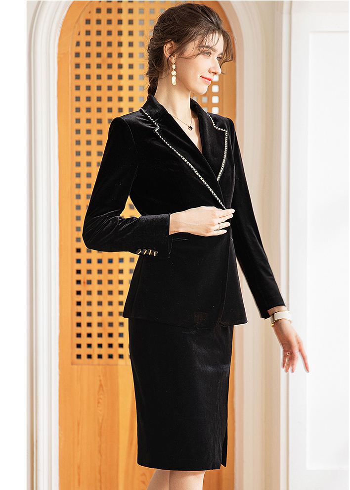 Women's Black Velvet Tailored Short Blazer Split Skirt Set